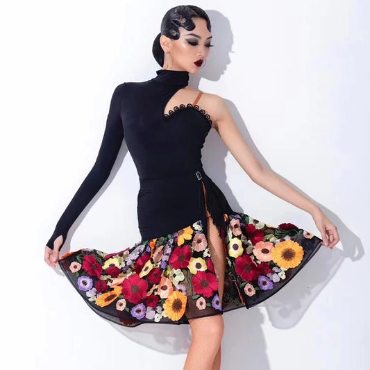 2022 New Latin Dance Competition Clothing For Women Sexy Single Sleeved Split Skirts Suit Rumba Tango Latin Dance Costumes Dress