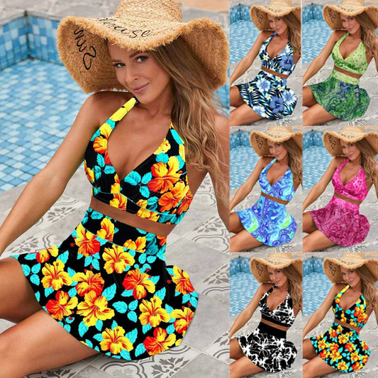 2022 New Women Flower Print Bikini Swimwear Swimsuit Female Print Monokini Set Summer Loose Monokini Bathing Suit Beach Wear